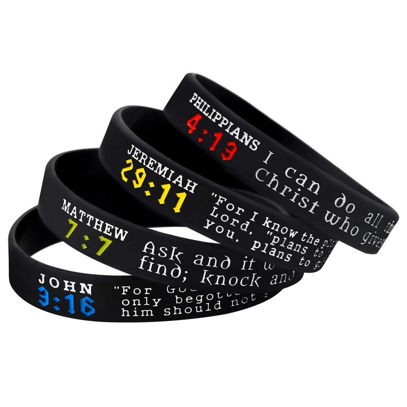 Sainstone Bible Wristbands, Religious Gift Pack - Philippians 4:13, Jeremiah 29:11, John 3:16, and Matthew 7:7 - Set of 4 Scripture Bracelets - Adult Size for Men Women (Black Multi) - Image 2
